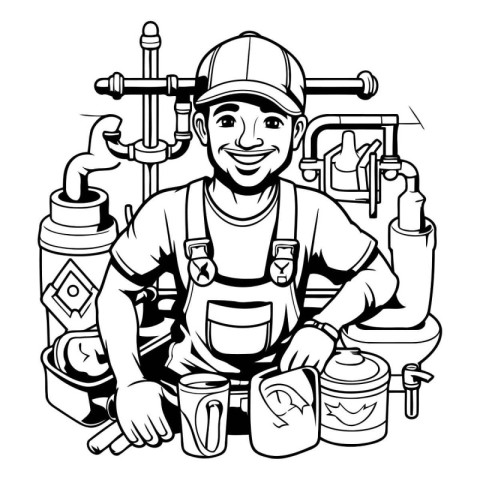 Plumber with tools. Black and white vector illustration for colo