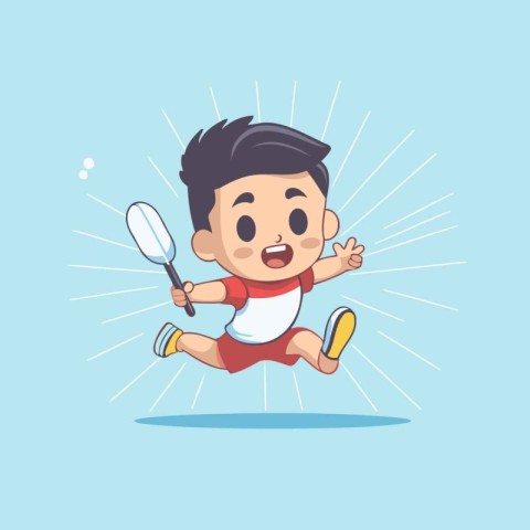 Cute little boy playing badminton. Vector cartoon illustration.