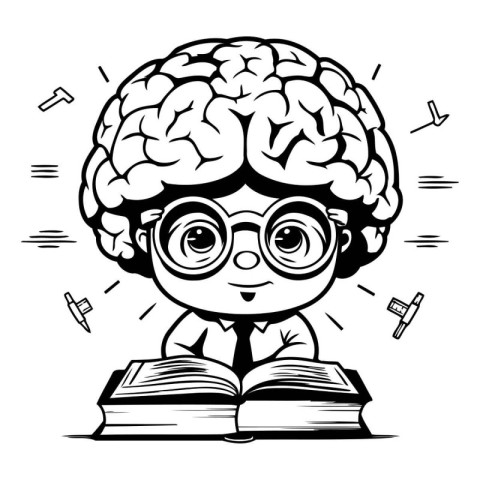 Black and White Cartoon Illustration of Kid with Glasses Reading