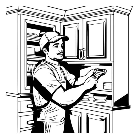 Black and white illustration of a plumber fixing a cupboard.