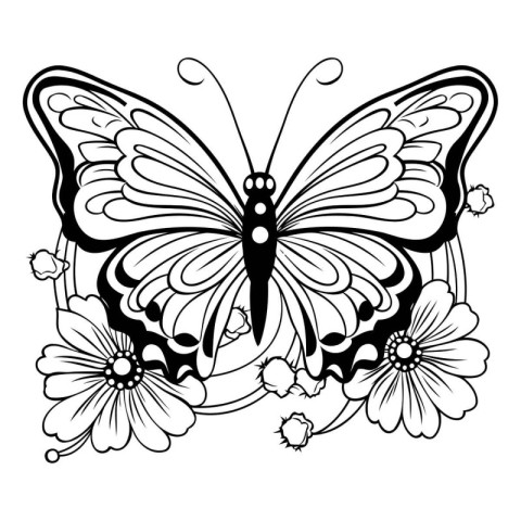 Butterfly with flowers. Tattoo design. Vector illustration.