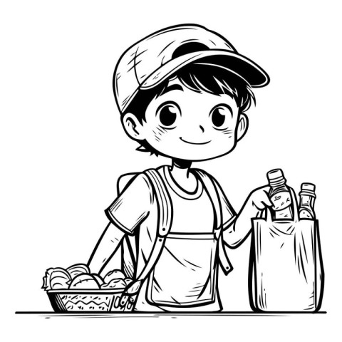 Vector illustration of a boy in a cap holding a basket of food.