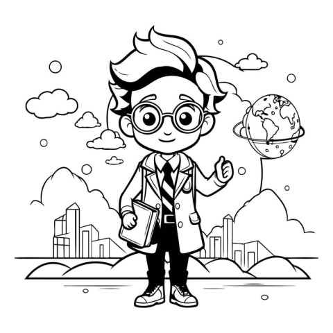 Cute schoolboy cartoon in the city. Black and white vector illus