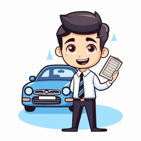 Businessman with car and document. Vector illustration in cartoo