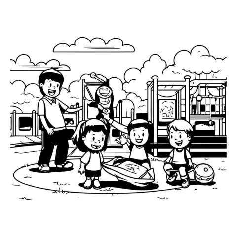 Children playing in the park. Black and white vector illustratio