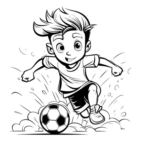 Soccer player kicking the ball - black and white vector illustra