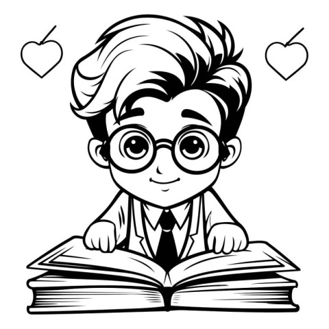 Boy Student Reading Book - Black and White Cartoon Illustration.