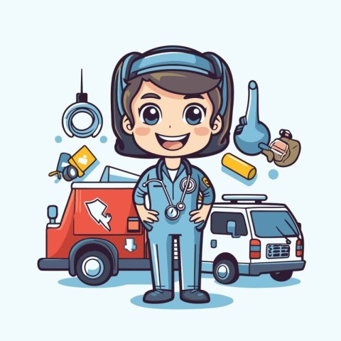 Cute boy doctor in uniform with medical equipment. Vector illust