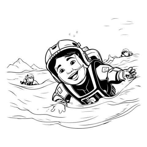 Cartoon diver on the water. Black and white vector illustration.