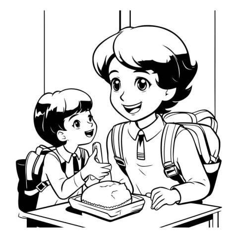 Black and white illustration of a mother and her son eating a ca