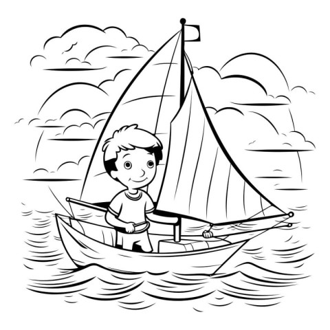 Boy in a boat on the sea. black and white vector illustration