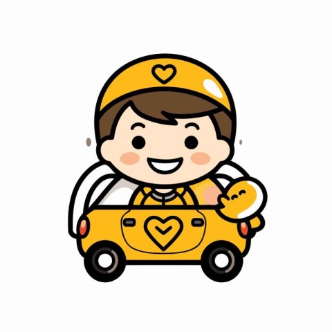 Cute cartoon baby boy driving a toy car. Vector illustration.