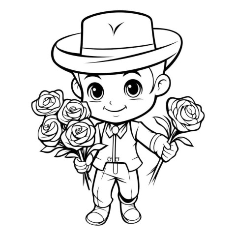 Outline of a boy wearing a hat and holding a bouquet of roses