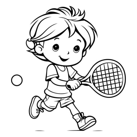 Black and White Cartoon Illustration of Kid Playing Tennis Color