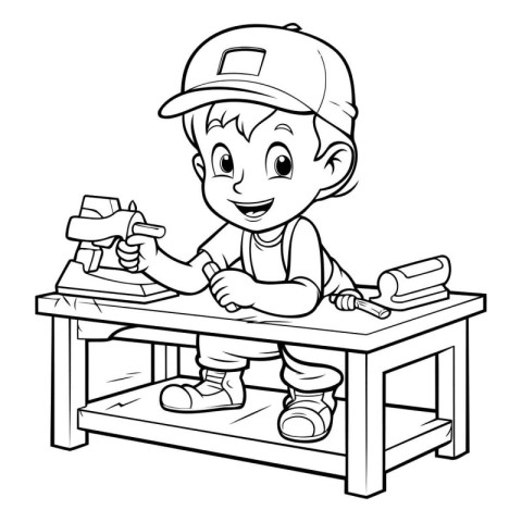 Coloring Page Outline Of a Cute Little Boy Carpentry Worker