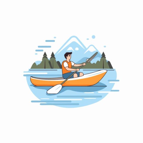 Man in a kayak on the lake. Flat vector illustration.