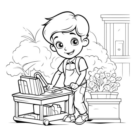 Cute boy with shopping cart. Black and white vector illustration