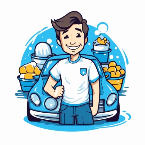 Cartoon vector illustration of a young man in a blue car deliver