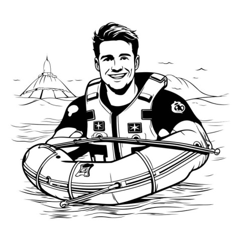 Man in life jacket with inflatable boat. Black and white vector