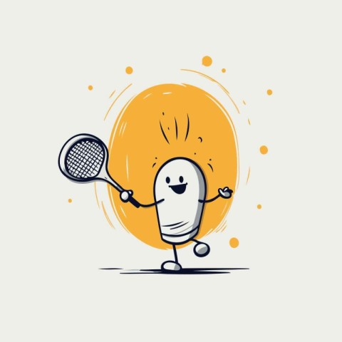 Cartoon tennis player character with racket and ball. Vector ill