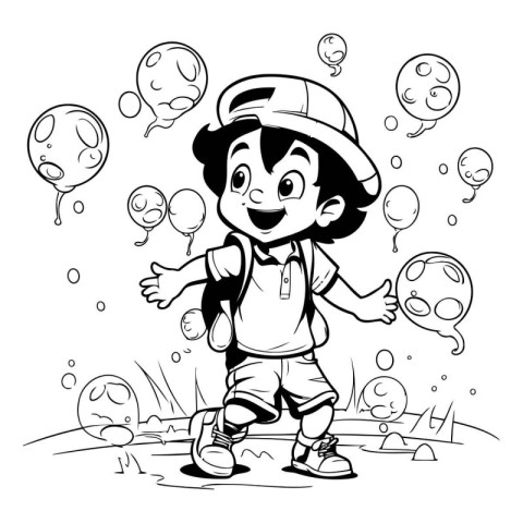 Black and White Cartoon Illustration of a Kid Boy with His Backp