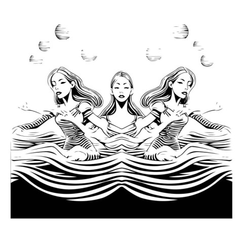 Two girls swimming in the sea. Black and white vector illustrati