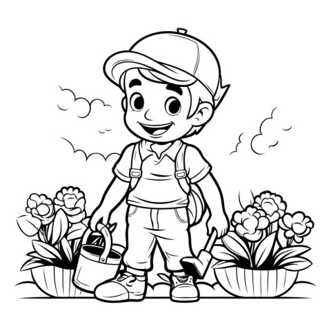 Outline of a boy watering flowers in the garden. coloring book