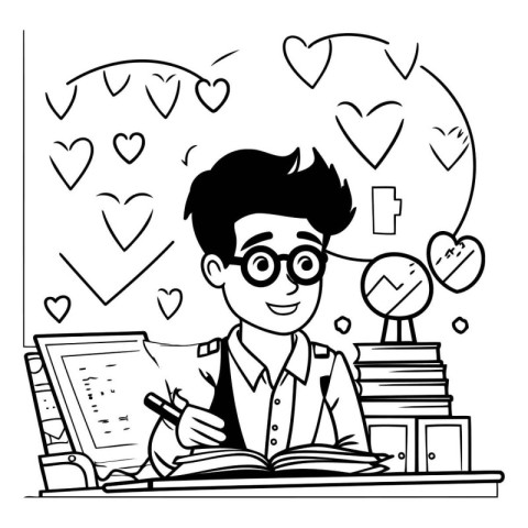 Vector illustration of a boy doing homework. Black and white dra