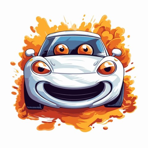 Cute cartoon car with flames on white background. Vector illustr