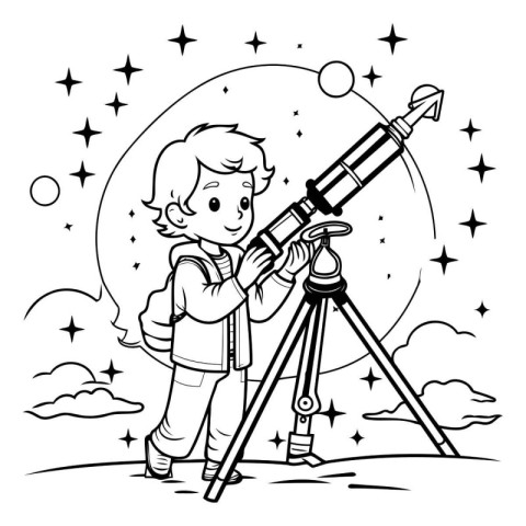 Boy with telescope. Vector illustration. Coloring page for adult