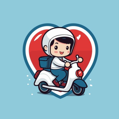 Cute boy riding a scooter with heart shape vector illustration.