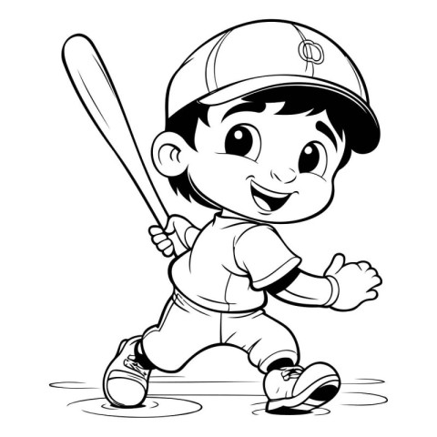 Cute Little Boy Baseball Player - Black and White Cartoon Illust