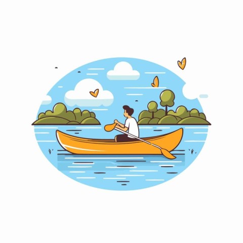 Man in a kayak on the lake. Flat vector illustration.