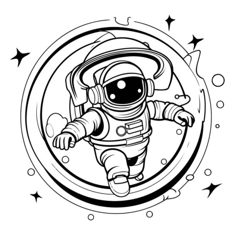 Astronaut in space. Black and white vector illustration for colo