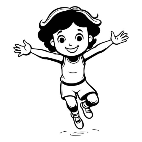 Black and White Cartoon Illustration of a Little Girl Jumping or