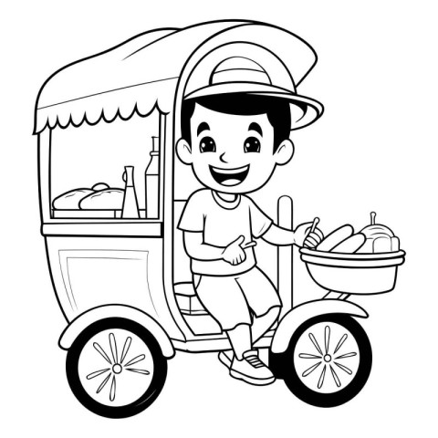 Cute boy cartoon with fast food cart icon vector illustration gr