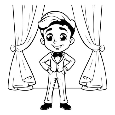 Catering Boy with Curtain - Black and White Cartoon Illustration