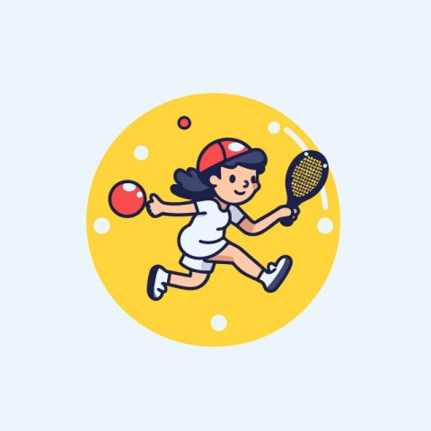 Little girl playing tennis. Vector illustration in flat style. S