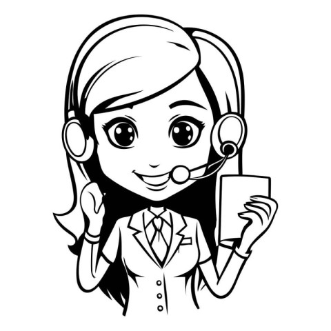 Call Center Operator - Black and White Cartoon Illustration. Vec