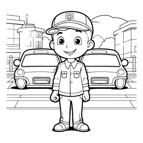 Black and White Cartoon Illustration of Little Boy in Police Uni