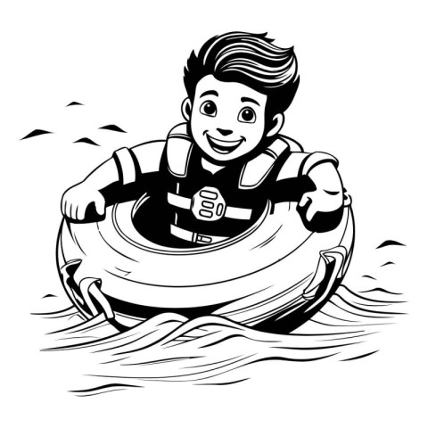 Vector illustration of a boy in a life jacket floating on an inf