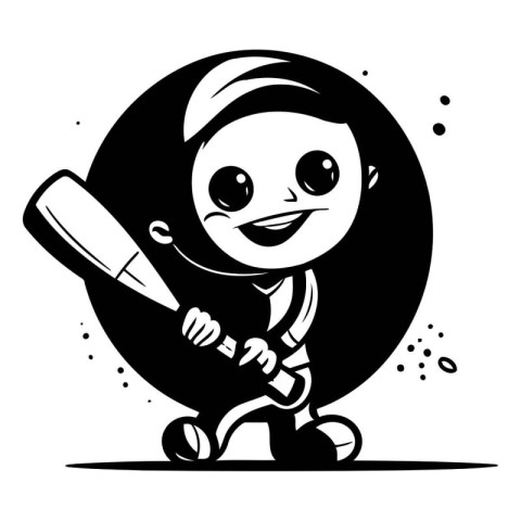 Cricket Player - Black and White Cartoon Illustration. Vector