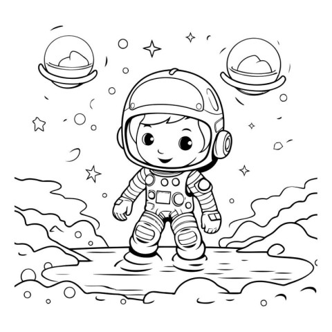 Cute little astronaut boy in space. Vector illustration for colo