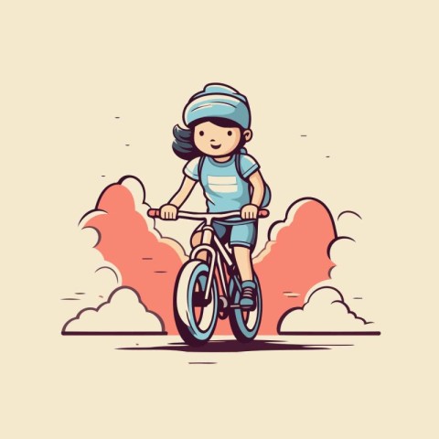 Vector illustration of a girl riding a bicycle with clouds in th