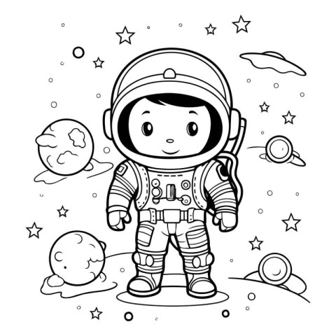 Cute astronaut in space. Coloring book for children. Vector illu