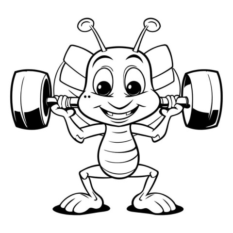 Black And White Ant Cartoon Mascot Character With Barbells