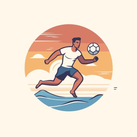 Soccer player with ball on the beach. Vector illustration in ret