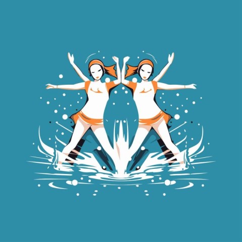 Two girls on roller skates in water. Vector illustration for you