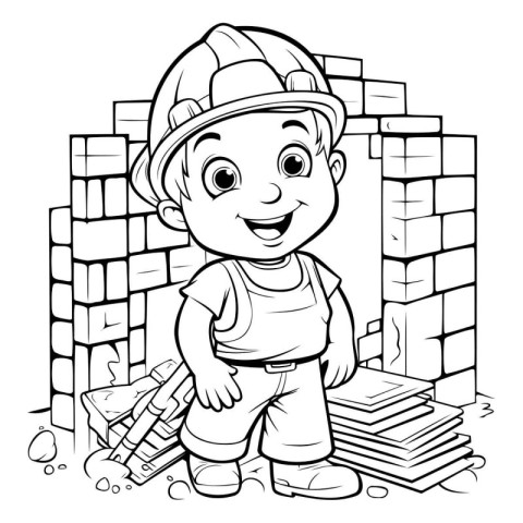 Black and White Cartoon Illustration of Cute Little Boy Construc