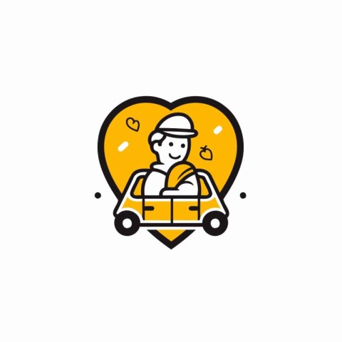 Man driving a car with heart icon. Line style vector illustratio